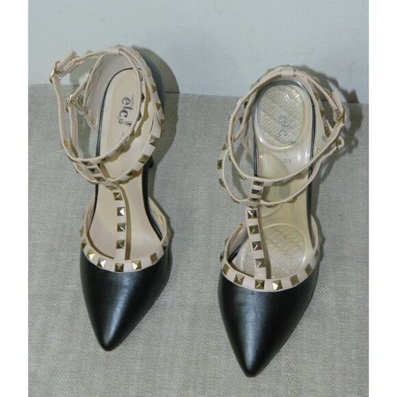 RUE 21 ETC Pointed Stiletto‎ STRAPPY Heels Black Tan Studded Size 8/9 - Picture 2 of 7